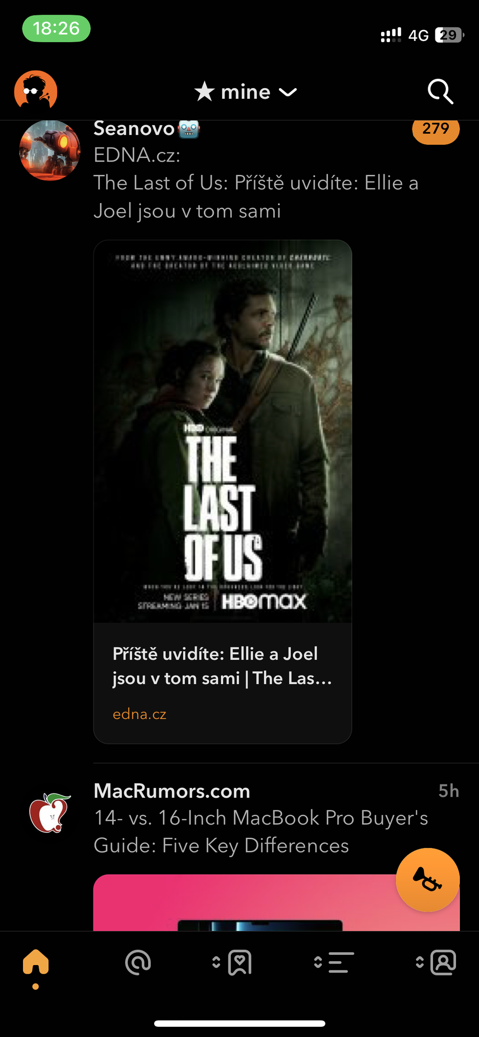 Screenshot z klienta Ivory: účet Seanovo posílá do timeline článek z EDNA.cz s náhledovým obrázkem, pod ním příspěvek z MacRumors